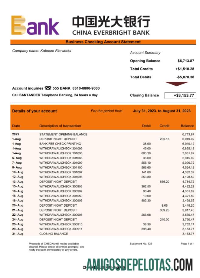 Realista China Everbright Bank Firm Account Statement Word e modelo PDF
